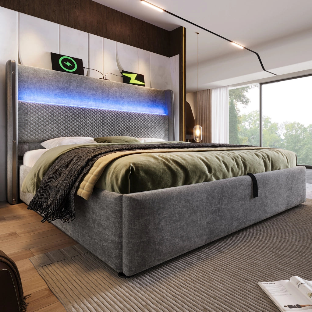 OKWISH Letto contenitore 160×200 cm, Letto Matrimoniale con LED Regolabile, USB, Tipo C e Testiera Alta, con Materasso, in Lino, Grigio