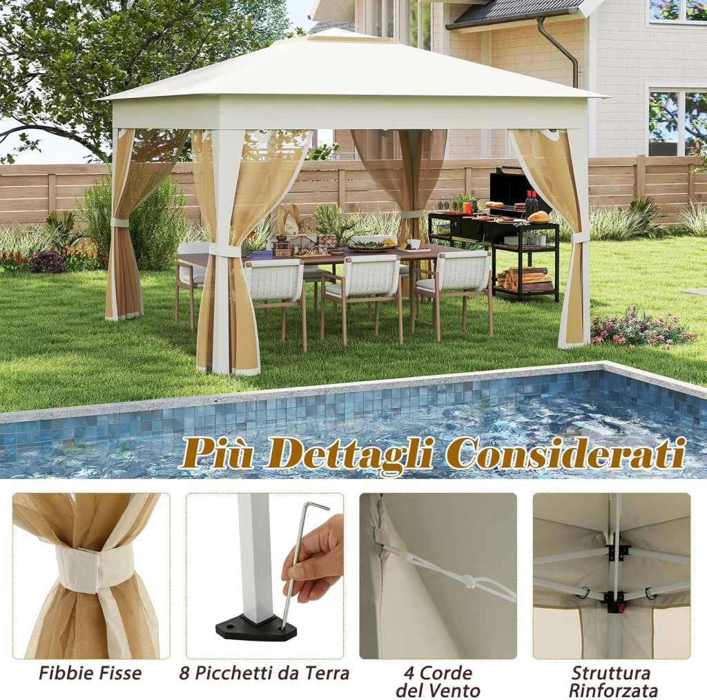 Gazebo Pieghevole 3,4 x 3,4 m con Zanzariera, Gazebo da Giardino con Tende Laterali, Tenda da Giardino Antivento Facile da Montare Resistente 210D con Borsa di Trasporto (Beige)
