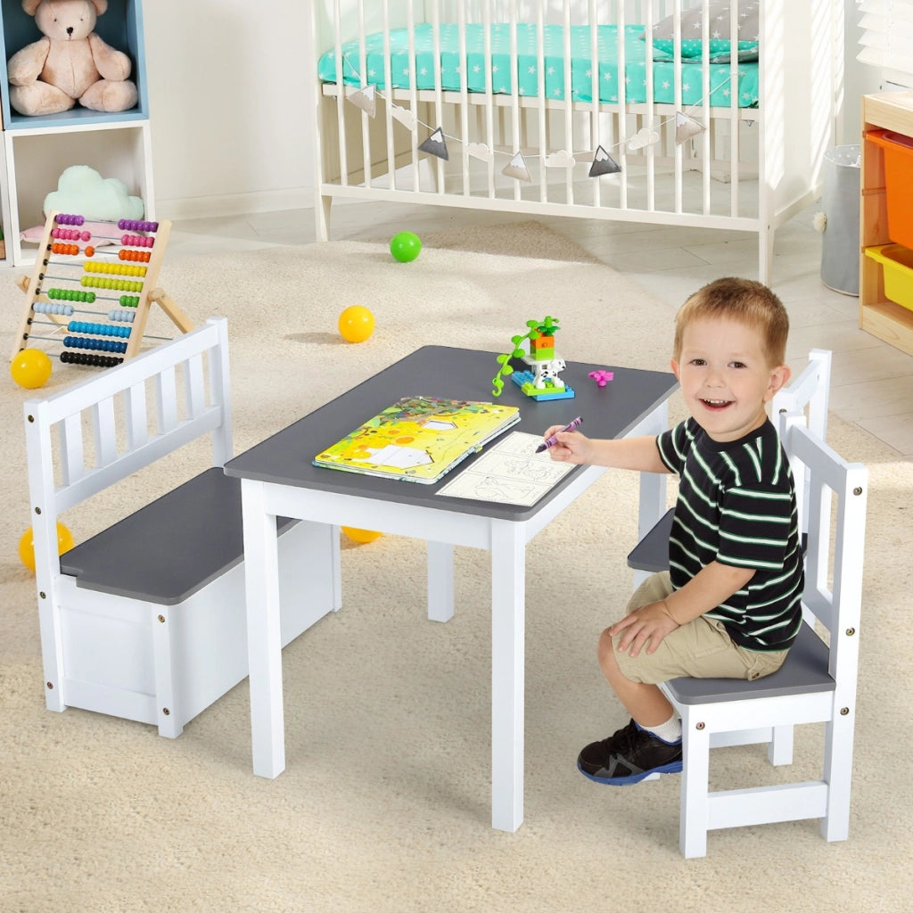 Set tavolo attivit¨¤ di legno 2 in 1 con 2 sedie e 1 panca, Set 4 pezzi tavolo e sedie per bambini Grigio-Tavoli e sedie