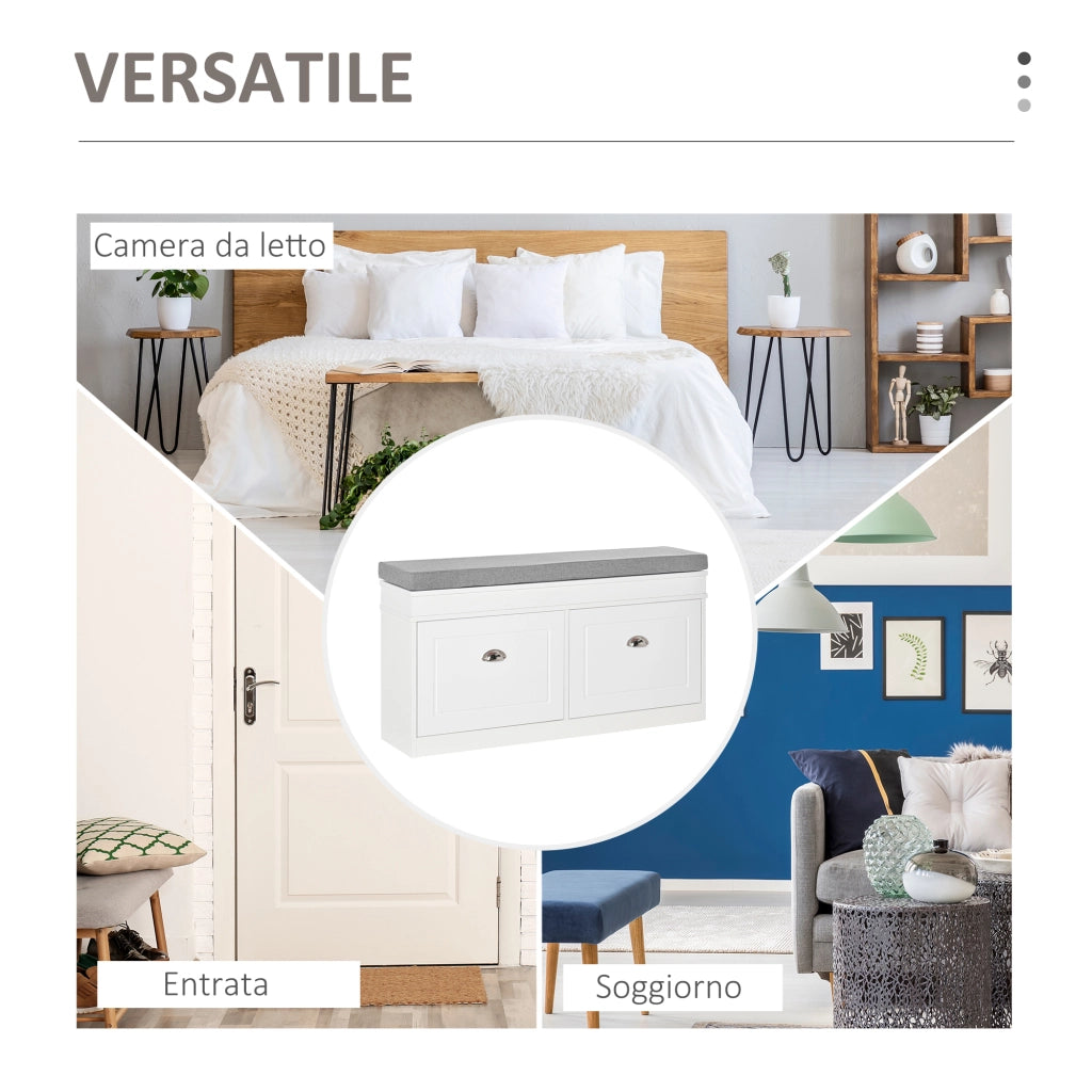 Panca Scarpiera Salvaspazio con Cuscino e 2 Cassetti ¨C Zephmum ¨C 104x24x55cm, Bianco, Legno