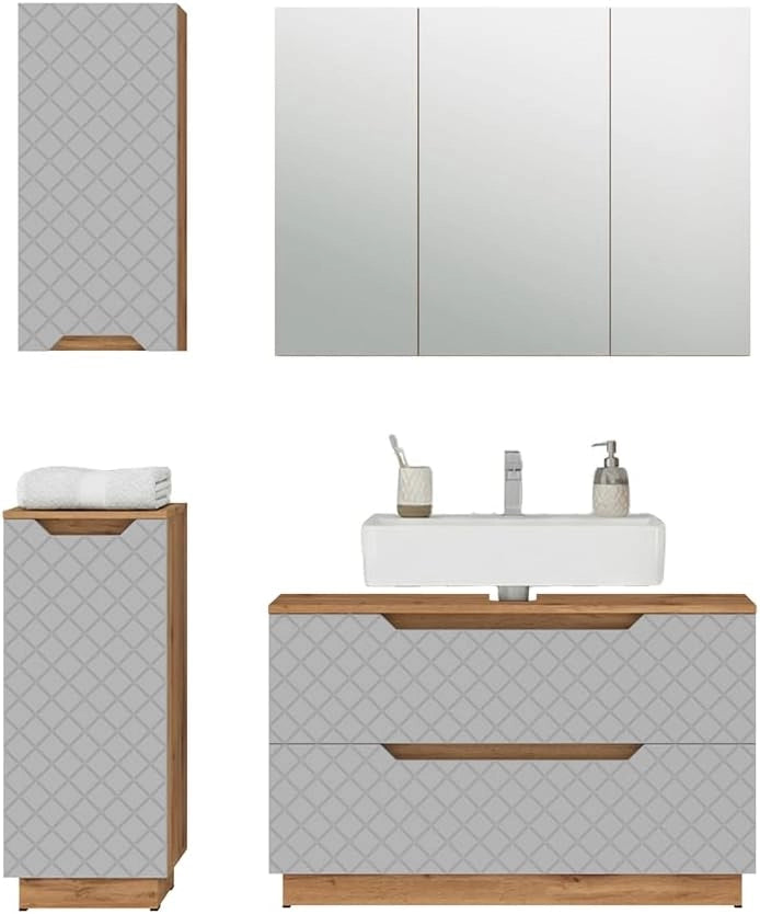 Set di mobili da bagno Lotta, Rovere/grigio con struttura in piastrelle, 4 parti