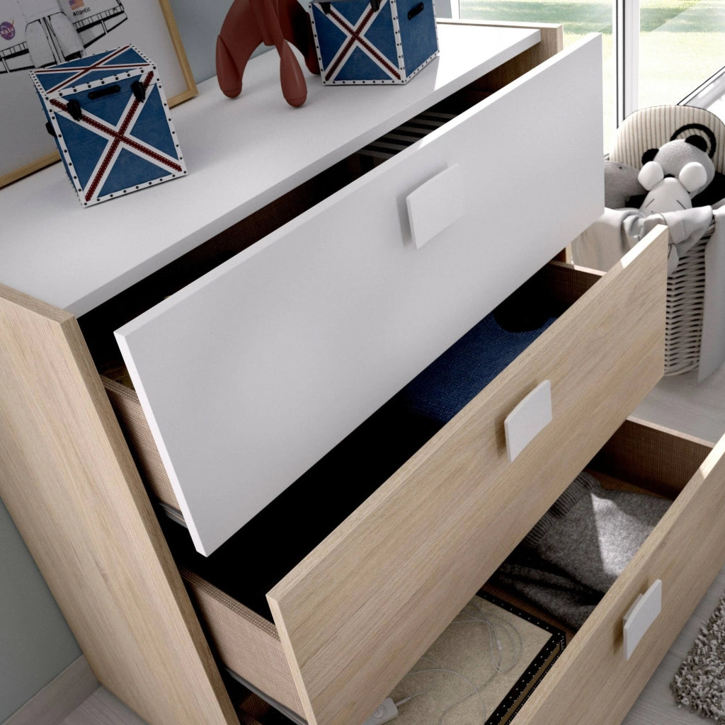 Cassettiera Alibaba, Settimanale per camera da letto, ComÒ² con 3 cassetti, 80x43h81 cm, Rovere e Bianco