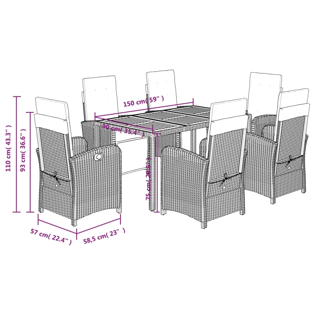 Set da Pranzo da Giardino 7 pz Nero con Cuscini in Polyrattan
