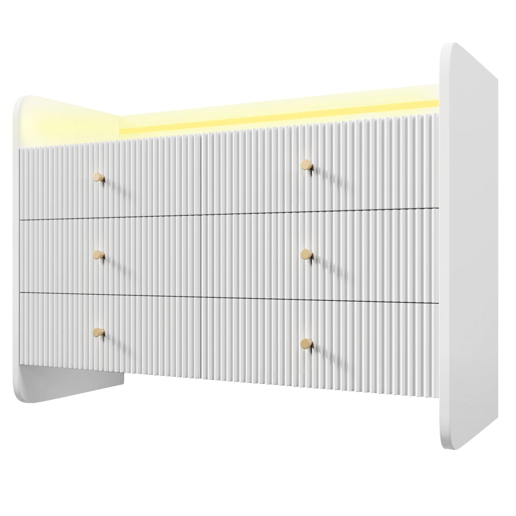 OKWISH Cassettiera Credenza con 6 Cassetti e 1 Vano Aperto, LED, Frontale Ondulato, per Soggiorno o Camera 120 x 40 x 75 cm