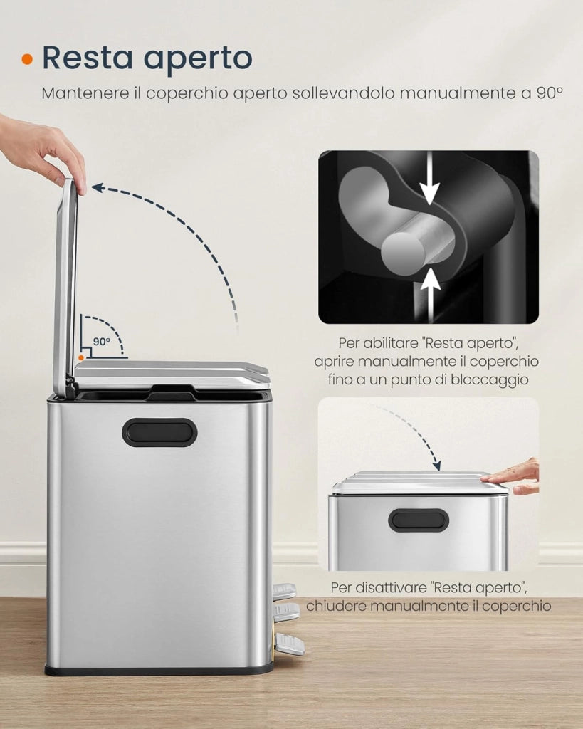 Cestino da Cucina Tripla, Pattumiera per Raccolta Differenziata 3 x 15 L con Pedali Colorati, Raccolta Differenziata, Coperchio e Secchi Interni, Acciaio, Argento Metallizzato