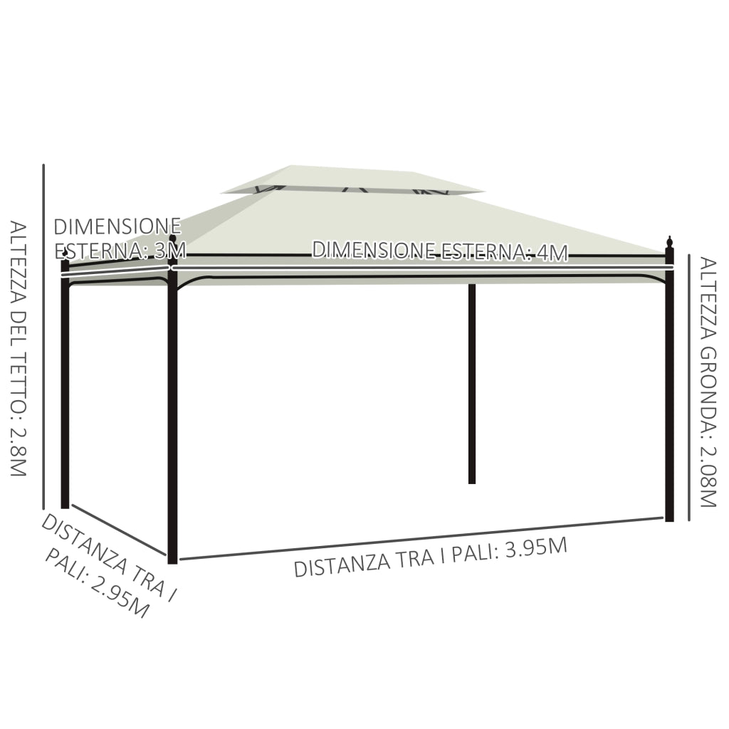 Gazebo da Giardino 3x4m in Acciaio con Doppio Tetto e 4 Tende Laterali, Crema
