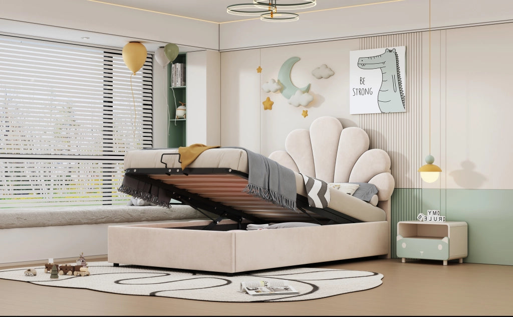 Letto per bambini imbottito con testiera floreale regolabile; contenitore idraulico e doghe; velluto beige; 90x200 cm; senza materasso