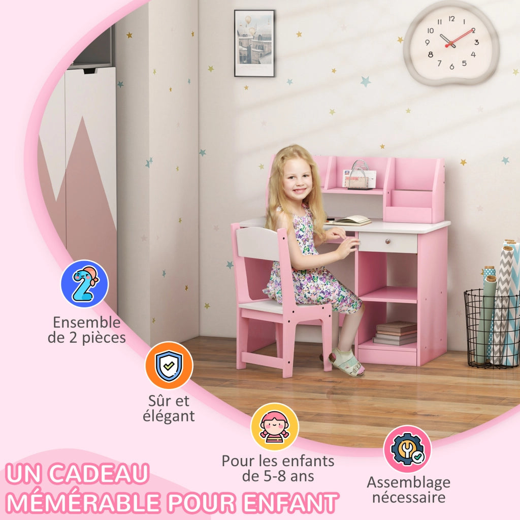 Scrivania bambini con sedia ergonomica cassetto ripiano tastiera 90x45x90 cm ¨C Xylo ¨C Rosa
