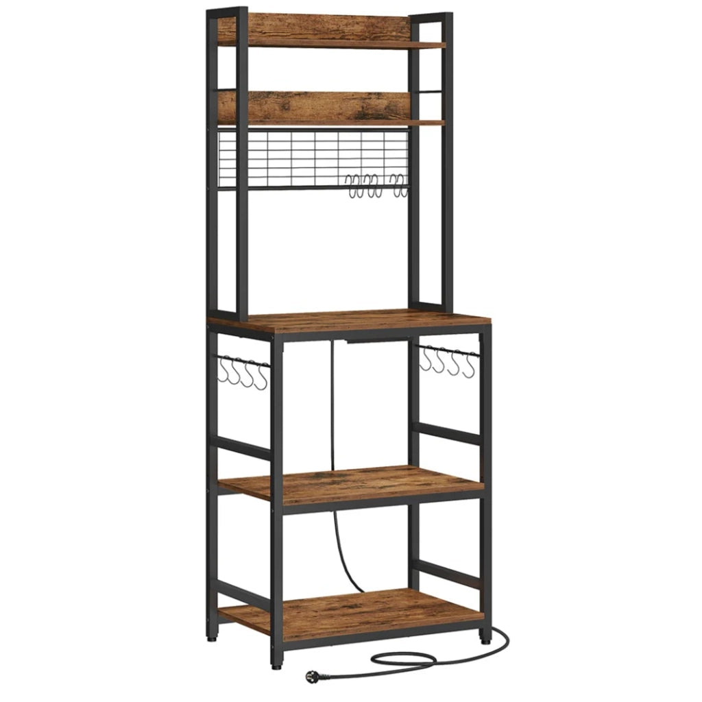 Mensola da cucina con multipresa supporto per microonde ripiano portaoggetti con pannello in rete metallica 14 ganci 40 x 80 x 170 cm marrone 12_0005670