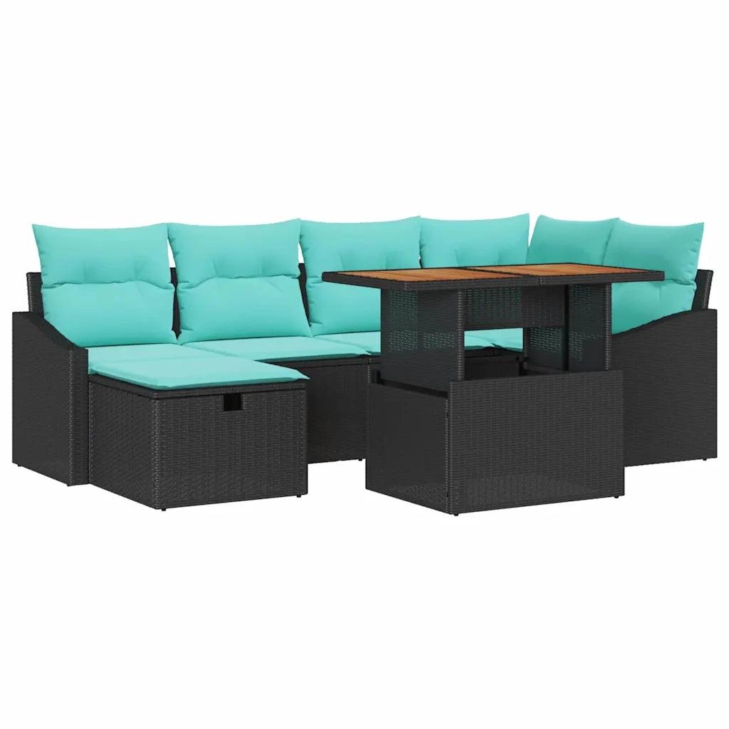Set Divano da Giardino con cuscino 7 pcs Nero polyrattan