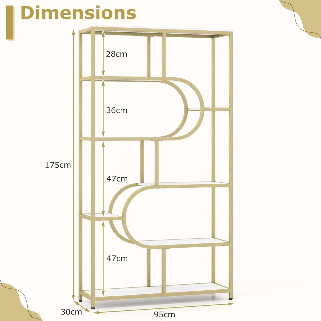 Libreria Geometrica a 8 livelli, scaffale portaoggetti con ripiani aperti in legno, telaio in metallo, kit antiribaltamento, 95 x 30 x 175 cm, per soggiorno, camera da letto, ufficio (bianco)