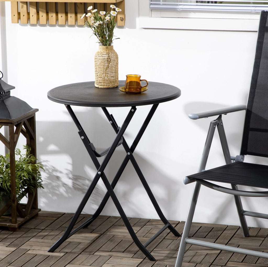Tavolo rotondo pieghevole ?60 x 73 cm con piano effetto legno in HDPE e struttura in acciaio grigio scuro