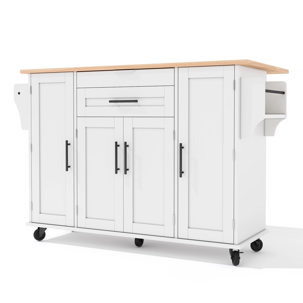 Isola da Cucina Mobile 136x70x92 cm Bianca con Piano Ribaltabile; Cassetto Nascosto; Ripiani e 5 Ruote