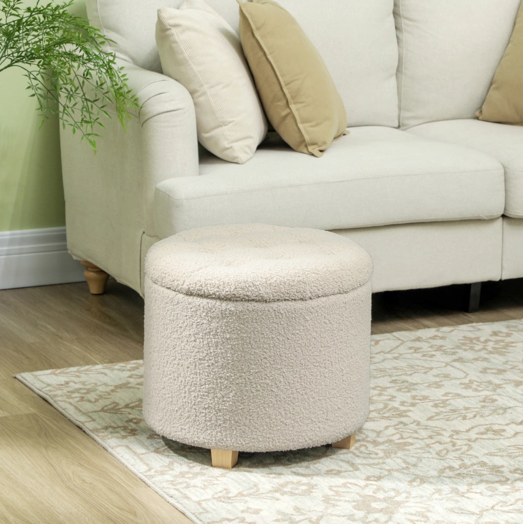 Pouf contenitore rotondo in poliestere color crema