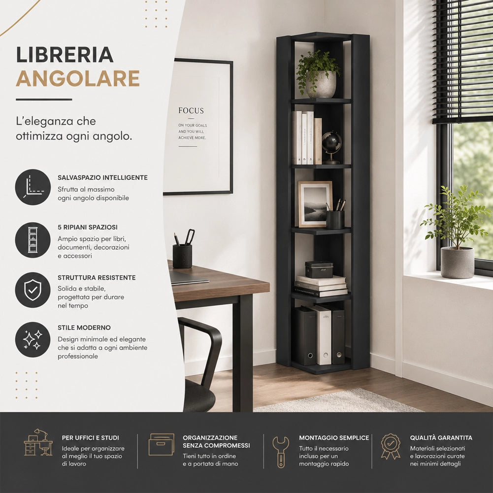 Libreria Angolare 5 Ripiani in Legno Antracite Scaffale Salvaspazio 34x34x161cm
