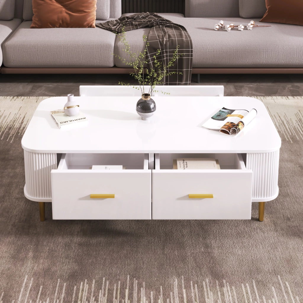 Tavolino da Salotto con 4 Cassetti; Angoli Arrotondati e Fianchi Ondulati; per Soggiorno; in MDF; 105 × 51 × 38 cm; Bianco