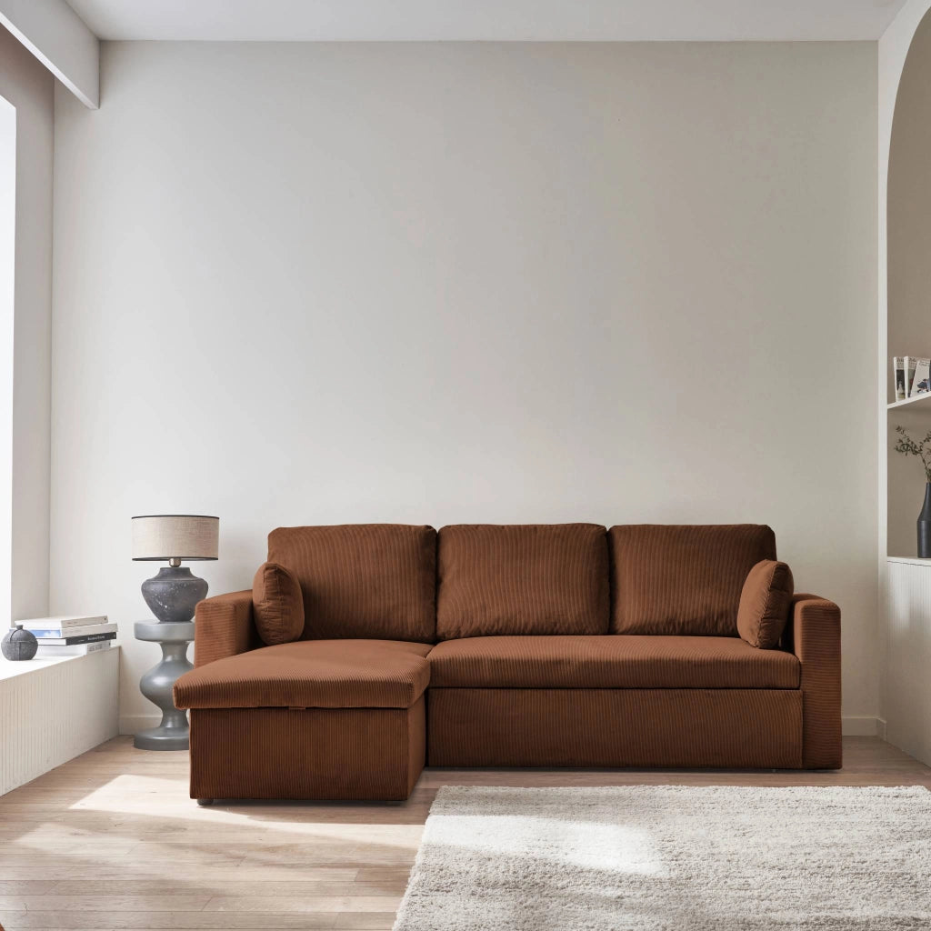Divano letto angolare reversibile in velluto a coste, 3 posti, ruggine