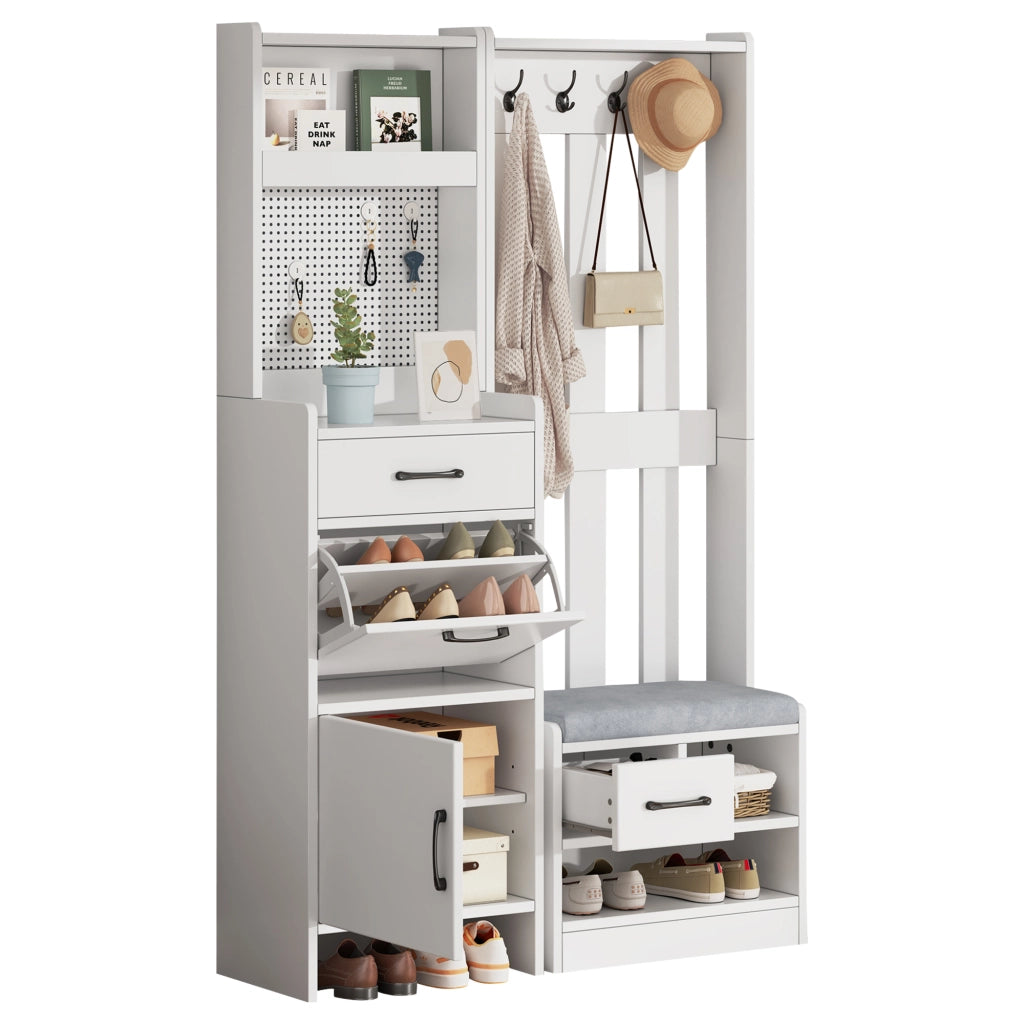 Appendiabiti Ingresso 7 in 1 ¨C MINIMAL ¨C Bianco, Panca, Ganci, Cassetti, 110x35x175,5 cm