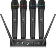 Sistema di Microfono UHF a 4 canali a trasmissione radio con casse da collo a trasmissione radio per microfono a mano, ricevitore metallico, ideale per karaoke e feste di chiesa con 4 microfoni a mano