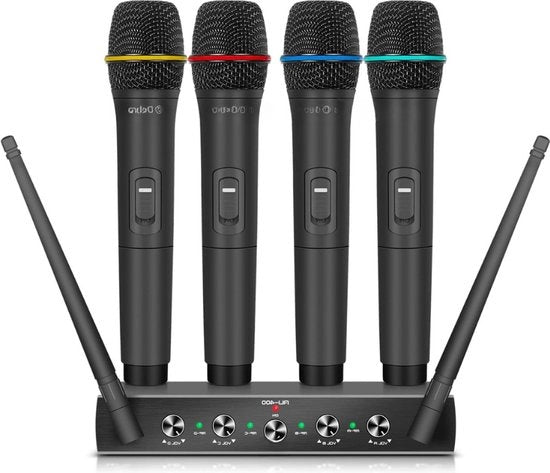 Sistema di Microfono UHF a 4 canali a trasmissione radio con casse da collo a trasmissione radio per microfono a mano, ricevitore metallico, ideale per karaoke e feste di chiesa con 4 microfoni a mano