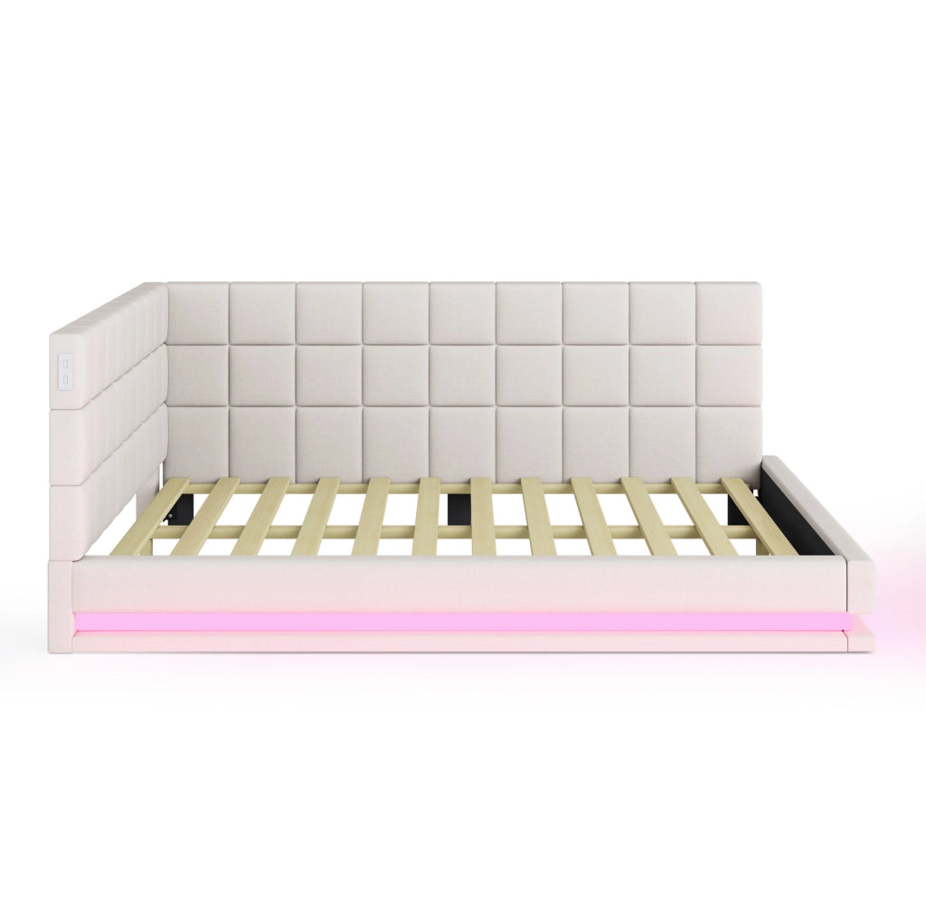 Divano letto 140x200 cm con LED multicolore; USB e rete a doghe in lino beige