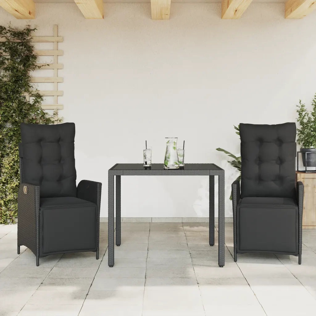 Set da Pranzo da Giardino 3 pz | Set Salotto da Giardino con Cuscini Nero in Polyrattan
