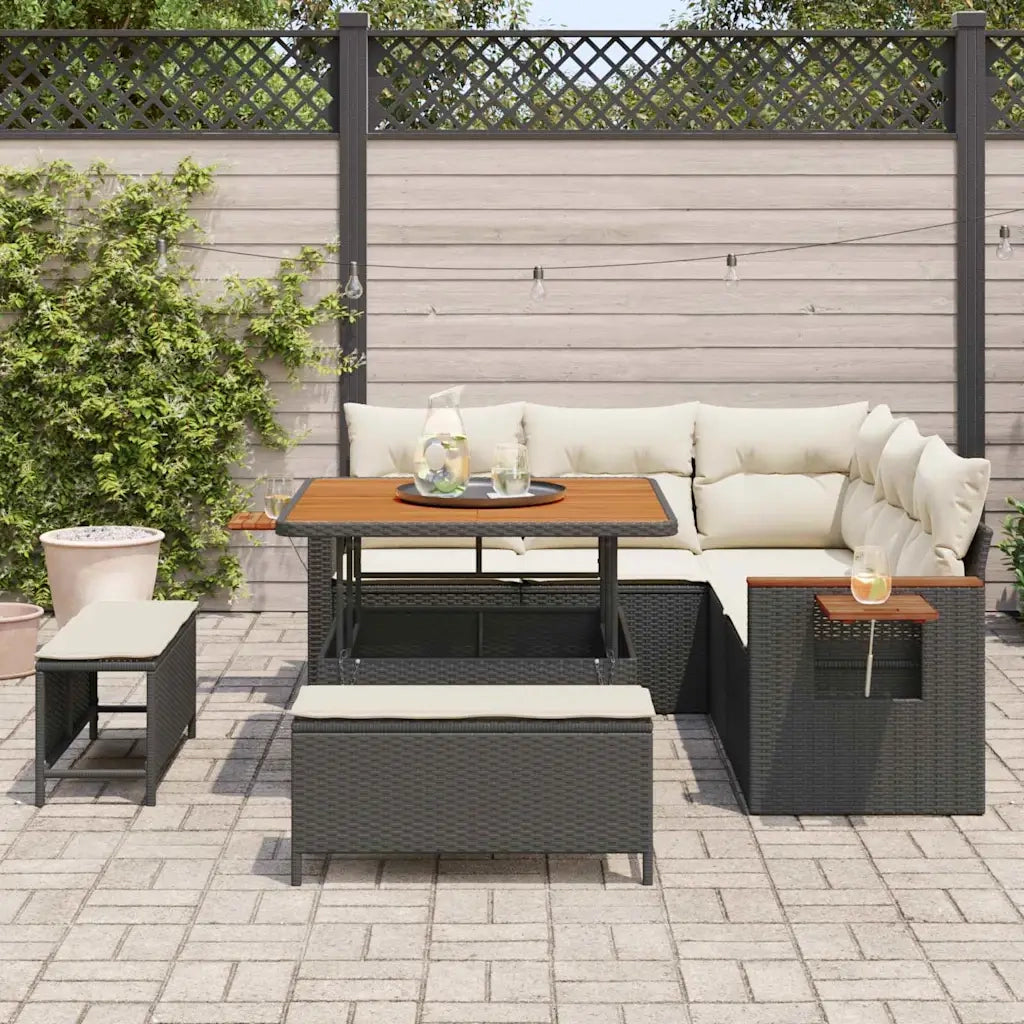Set Divano da Giardino 9 pcs Nero e Crema polyrattan