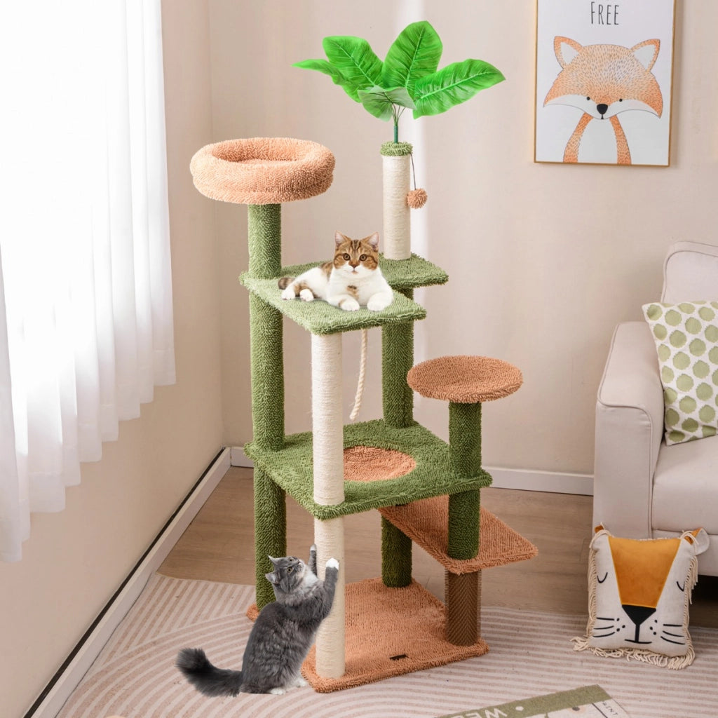 Albero per gatti 152cm con posatoio in peluche giocattolo appeso pianta finta, Tiragraffi per gatti in sisal Verde-Alberi Tiragraffi