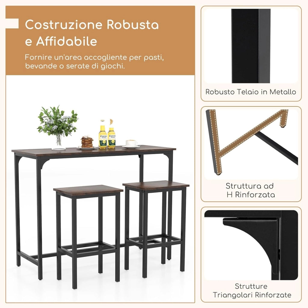 Tavolo con 2 Sgabelli in Metallo e Legno, Set da Pranzo 3 Pezzi, Tavolo Rettangolare da Cucina con 2 Sedie per Sala da Pranzo, Appartamento e Bistro, Stile Retrò (Marrone)