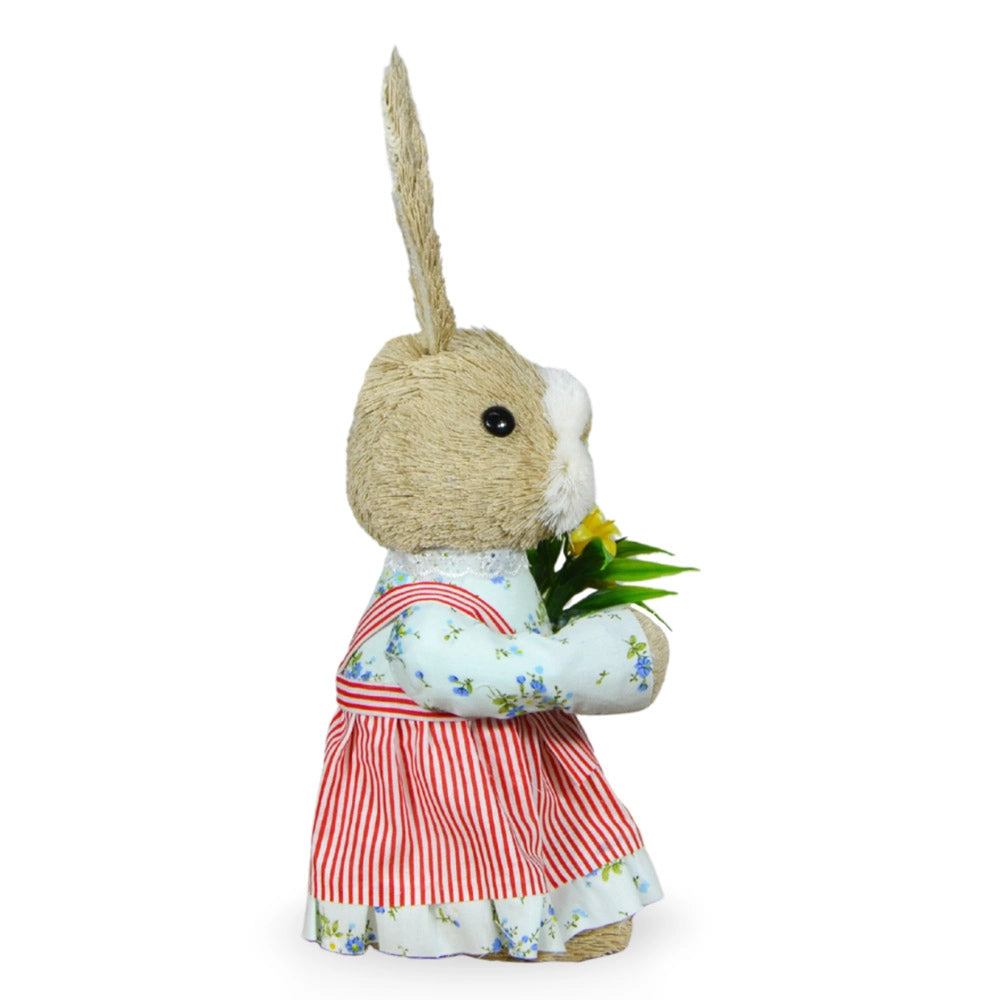 Coppia coniglietti di campagna decorativi con salopette e vestitino h 35 cm