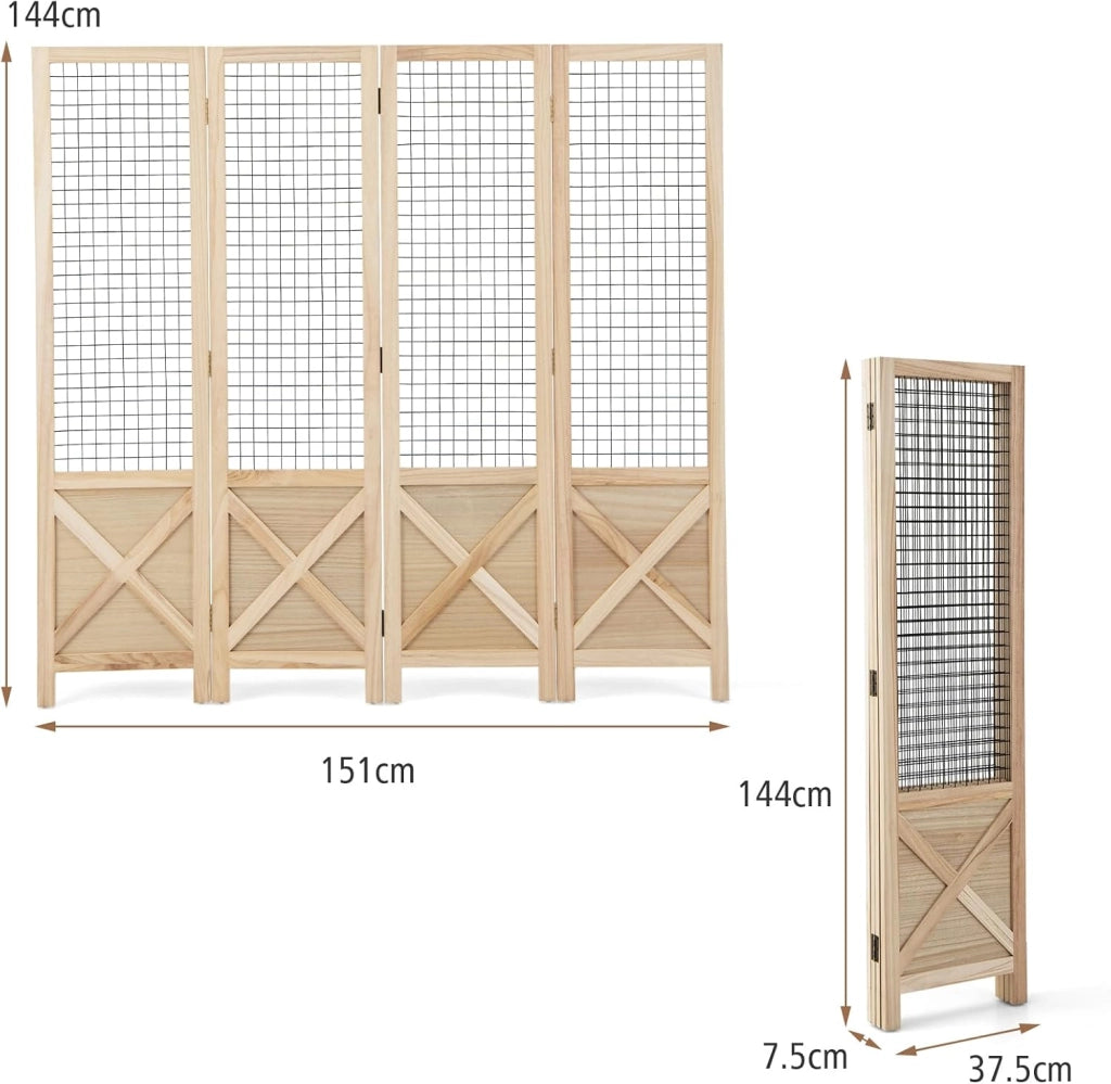 Paravento pieghevole a 4 pannelli con griglia, separatore di privacy, 151 x 144 cm, legno di Paulownia naturale, divisorio per camera da letto, soggiorno, non richiede assemblaggio