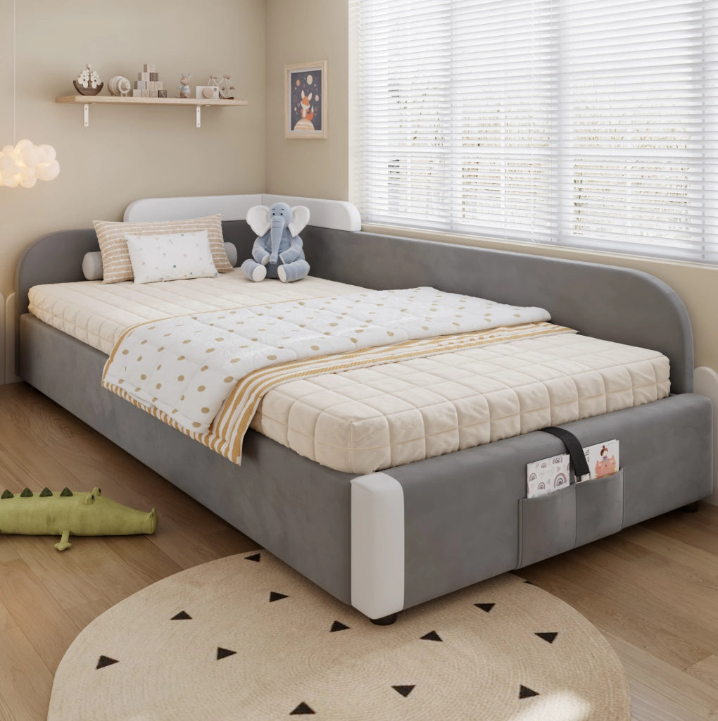 Letto imbottito 90x200 cm con contenitore idraulico in velluto e compensato