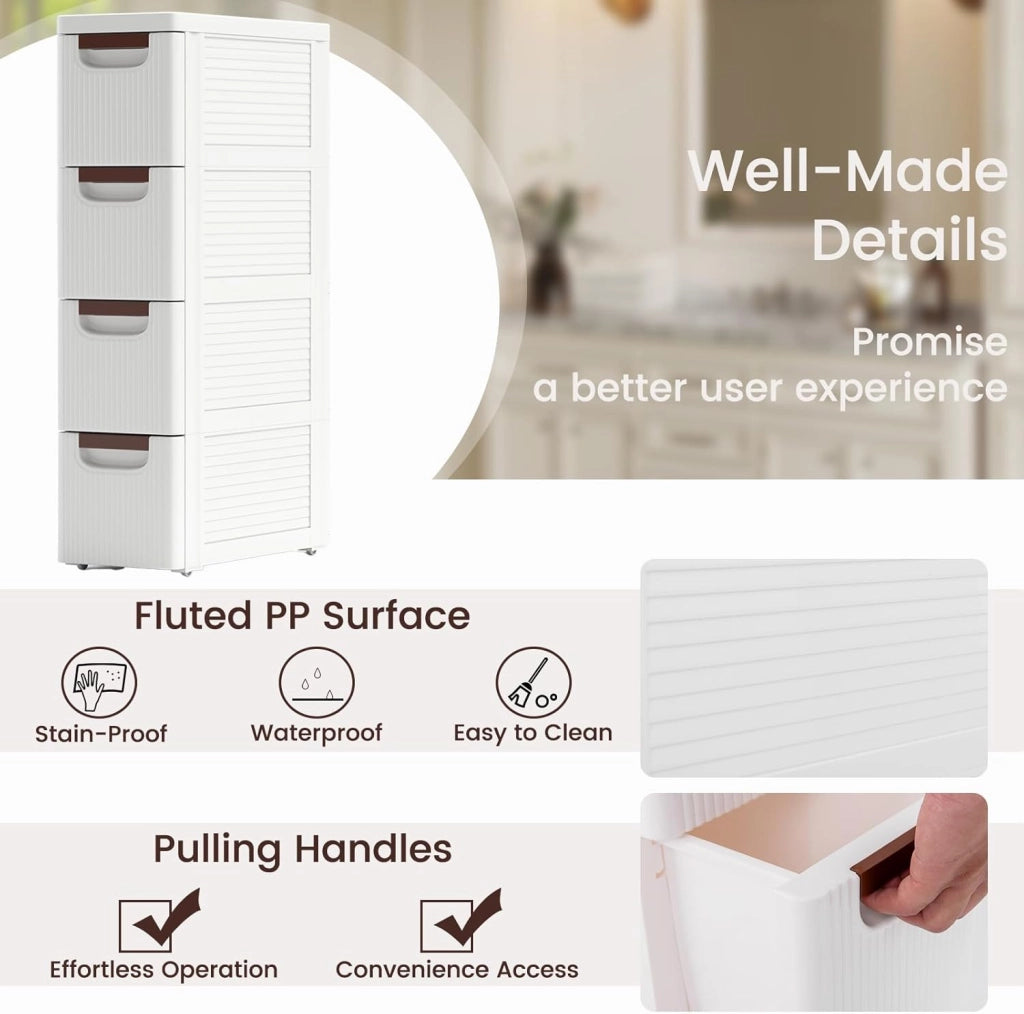 Mobiletto Stretto con Ruote, Carrello e Organizzatore Slim con 3/4/5/6 Cassetti per Spazi Piccoli, Cassettiera di Plastica per Soggiorno, Bagno, Cucina, Bianco (42 x 19 x 74 cm)