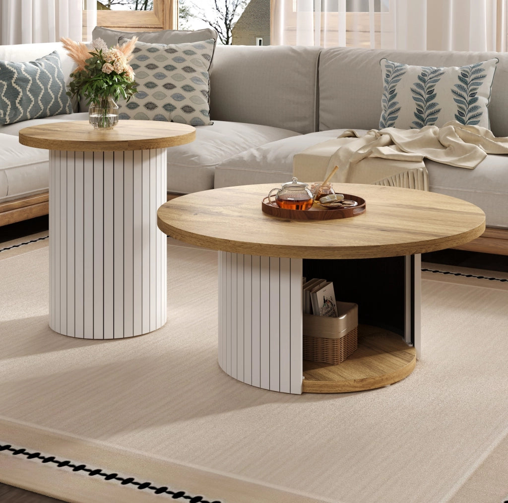 Set tavolini da salotto rotondi in MDF naturale; 75x75x50 cm e 45x45x35 cm