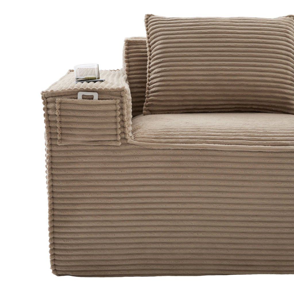 Divano modulare 2 posti - con portabicchieri e tasche laterali - in tessuto a coste - khaki