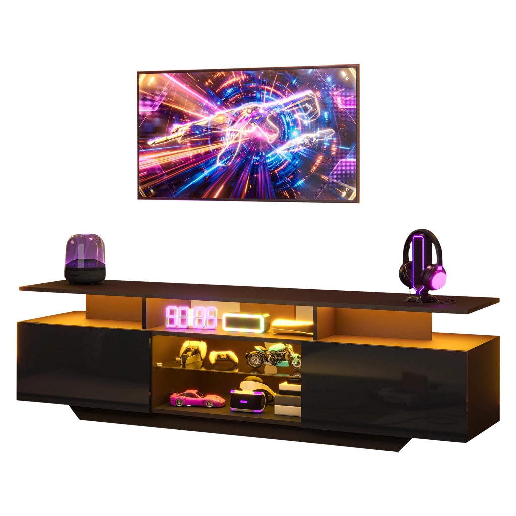 Mobile TV con 2 ante e 8 vani; illuminazione LED - per soggiorno - 160×40×45 cm - nero