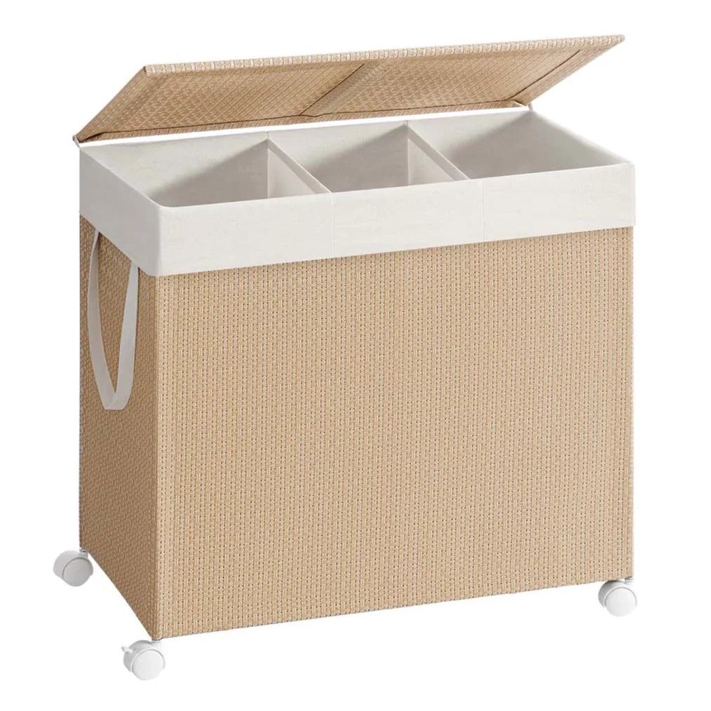 Cesto portabiancheria con 2 scomparti 140 litri cesto portaoggetti su ruote coperchio sacco con manici in finto vimini per lavanderia bagno beige 12_0006081