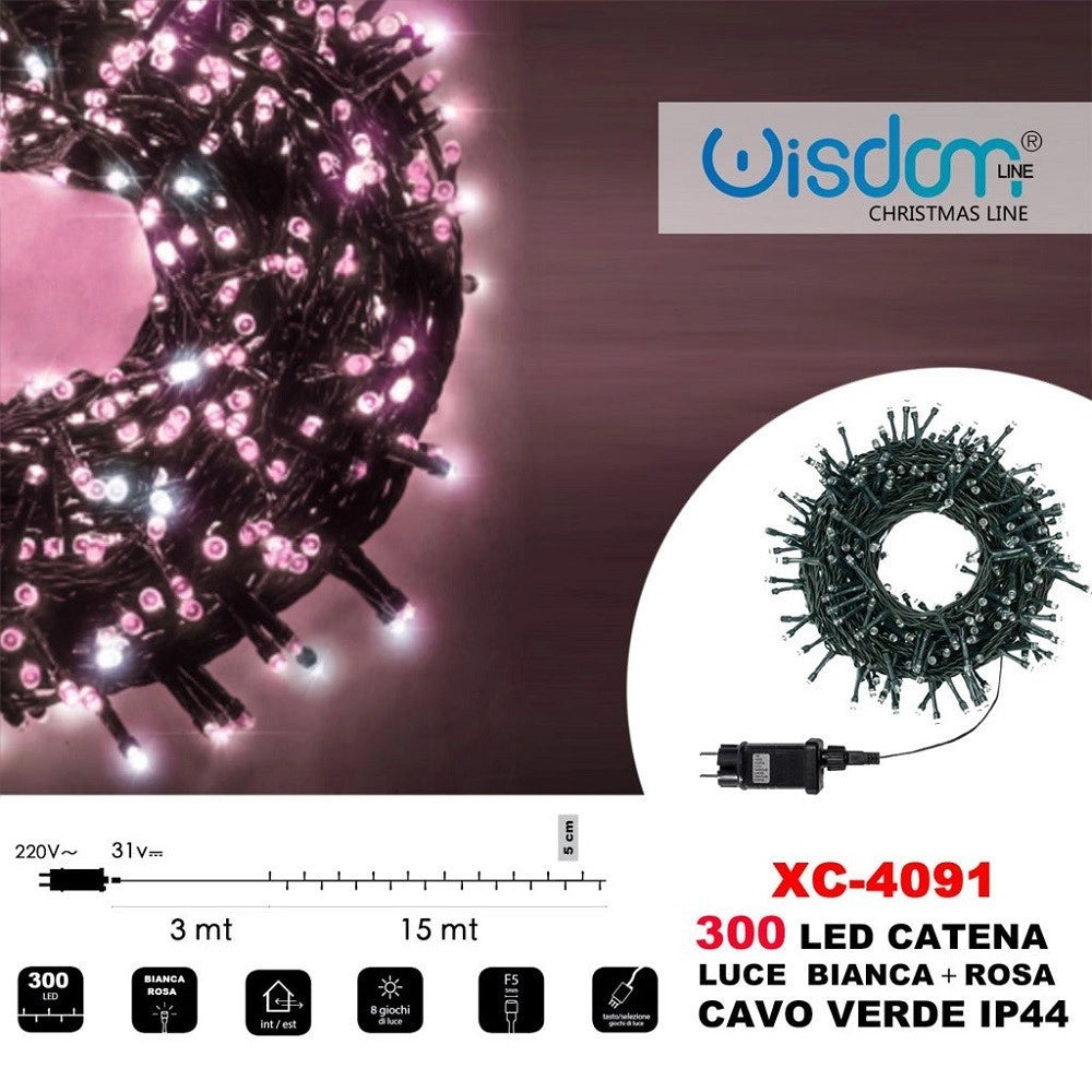 Trade Shop - Catena Luminosa 300 Luci Led Lucciole Luce Bianca + Rosa Cavo Verde Ip44 Xc-4091 -