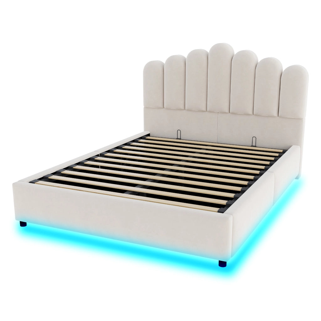 Letto imbottito 140x200 cm con contenitore idraulico, testiera imbottita, LED e rete a doghe, in velluto beige