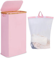 Wasmadre 75L con coperchio, asciugatrice sottile con tas interno rimovibile e lavabile, asciugatrice in bambù, asciugatrice pieghevole per bagno, camera da letto e cucina (rosa)