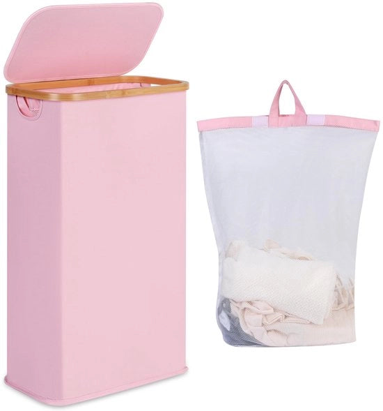 Wasmadre 75L con coperchio, asciugatrice sottile con tas interno rimovibile e lavabile, asciugatrice in bambù, asciugatrice pieghevole per bagno, camera da letto e cucina (rosa)