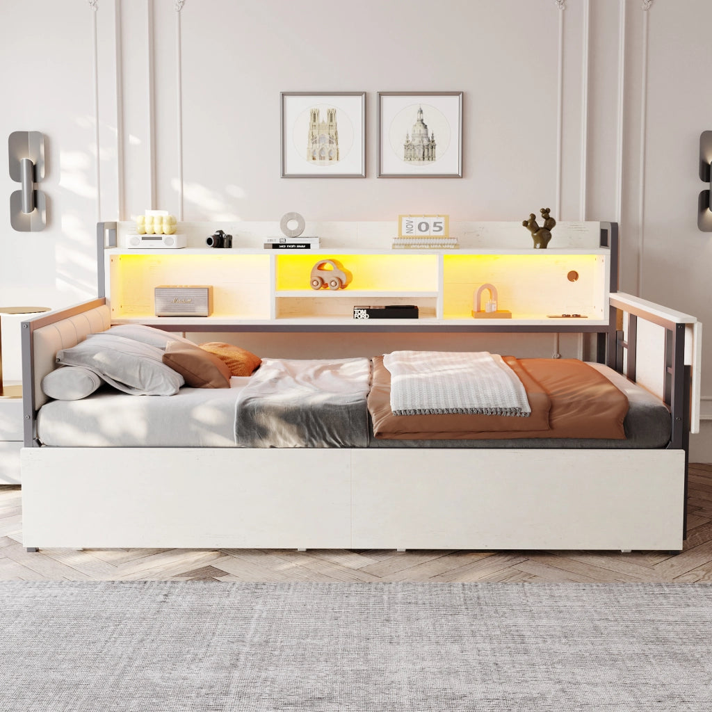 OKWISH Letto a Divano 90×200 cm, Letto Singolo con 2 Cassetti, LED, USB, Tipo C e Scrivania Ribaltabile, senza Materasso, Metallo, Bianco
