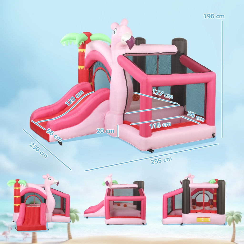 Castello Gonfiabile per Bambini con Scivolo, Trampolino, Vasca di Palline e Canestro Basket, 255x230x196 cm, Rosa