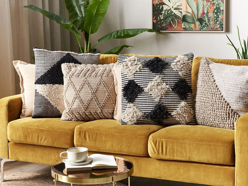 Set di 2 cuscini decorativi in cotone beige e nero 50 x 50 cm motivo geometrico fatto a mano sfoderabile con imbottitura