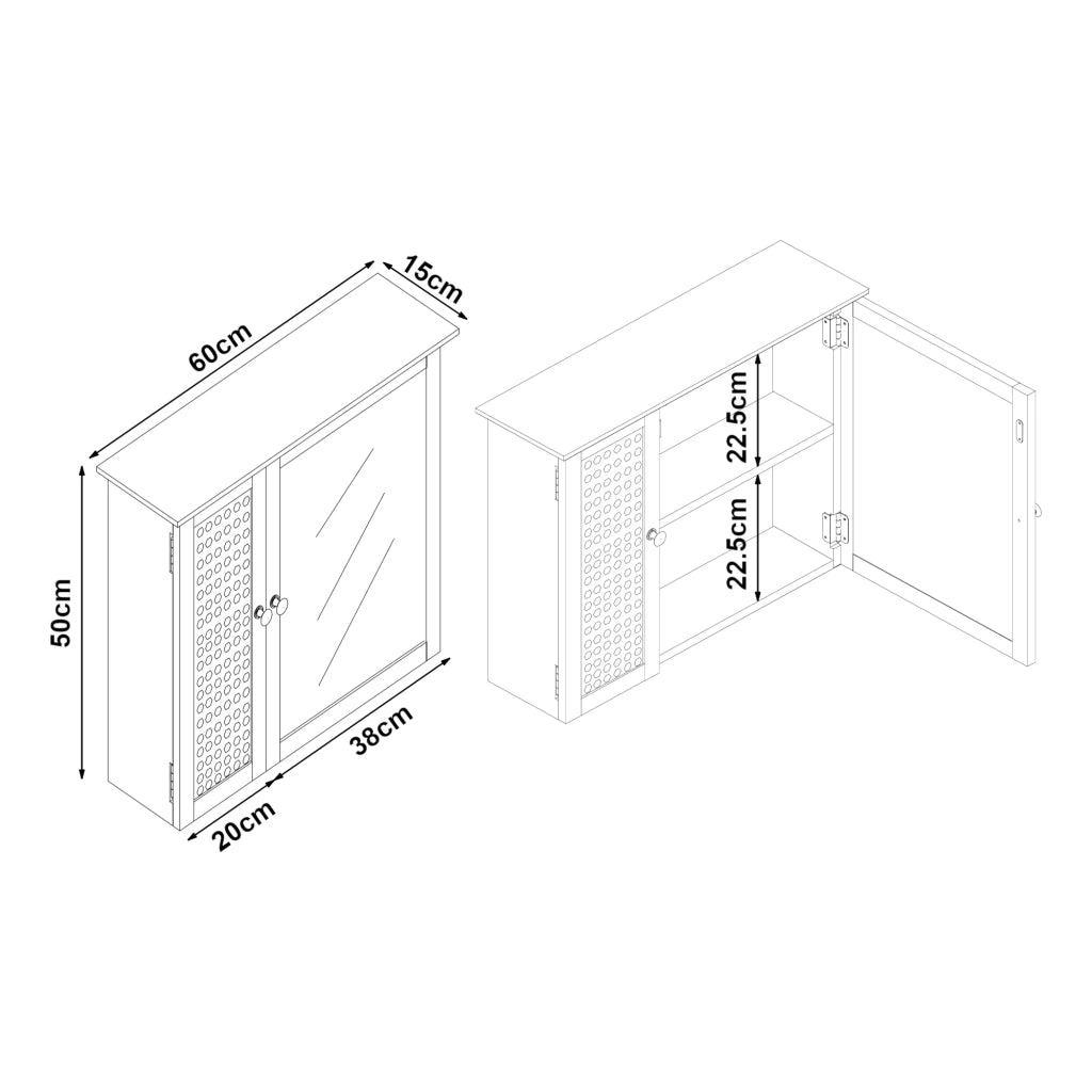Mobiletto/scaffale da parete per bagno 50 x 60 x 15 cm con specchio MDF PVC effetto rattan bianco 03_0008893