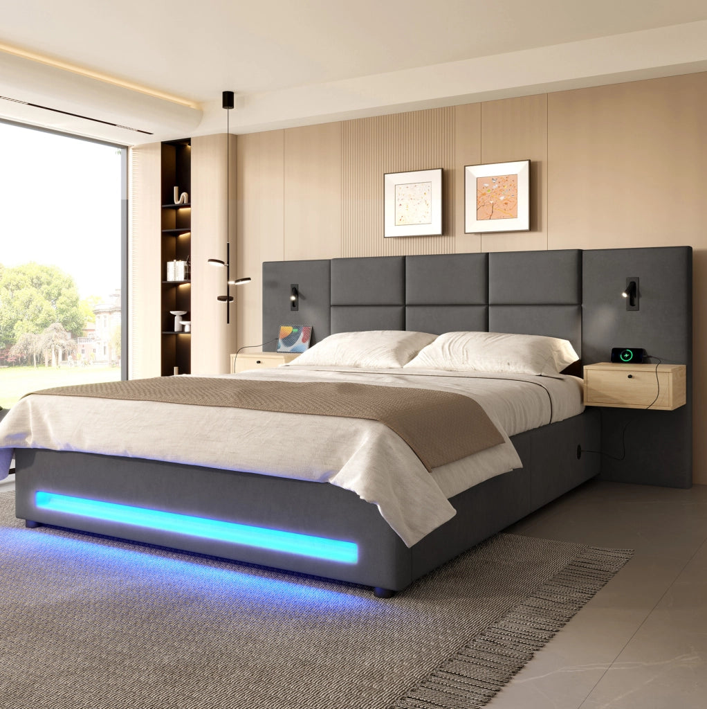 Letto matrimoniale imbottito con contenitore; testiera con vano portaoggetti; USB-C e LED; 180x200 cm; velluto grigio scuro