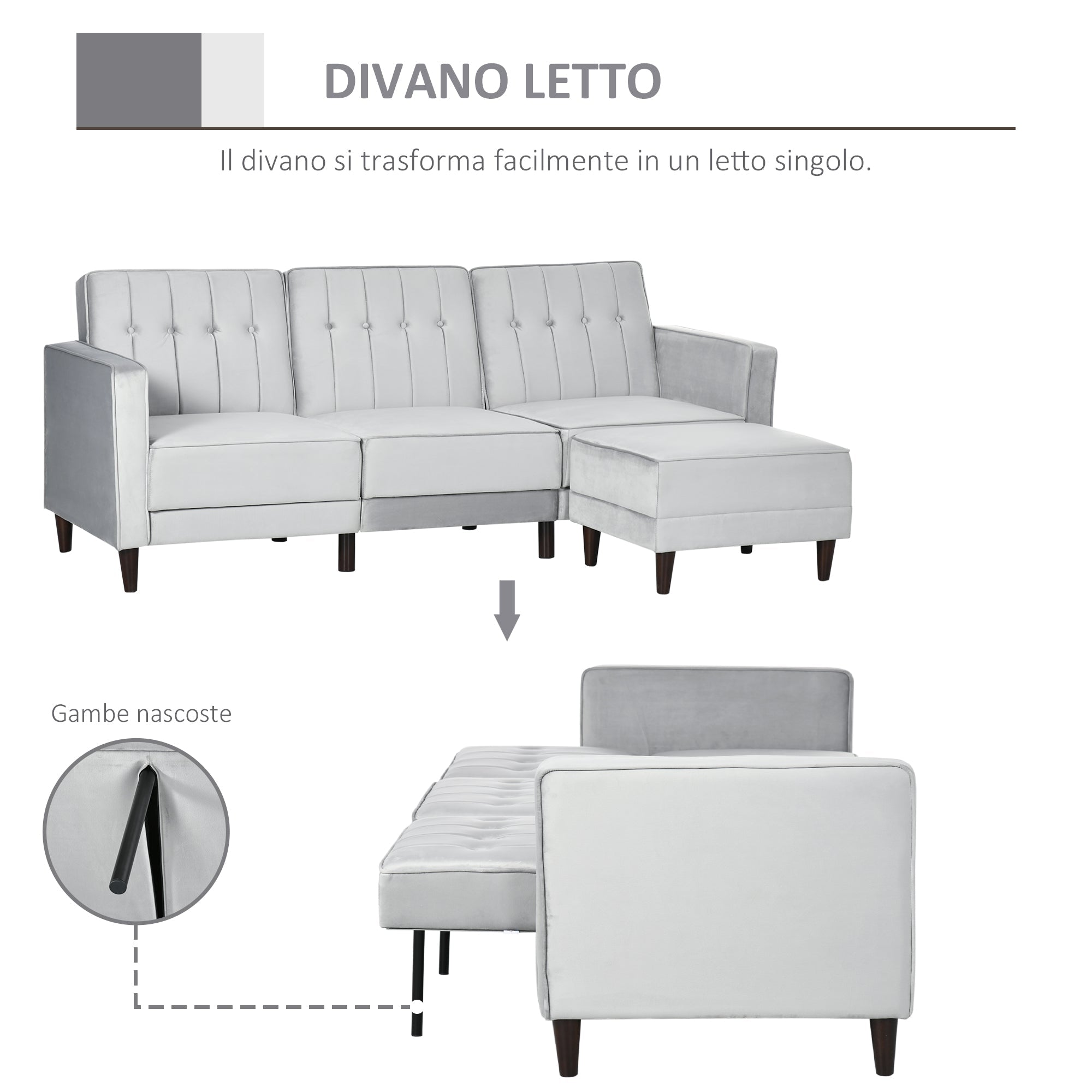 Divano Letto 3 Posti 218x85x86 cm con Poggiapiedi e Schienale Reclinabile in Tessuto Effetto Velluto Grigio Chiaro