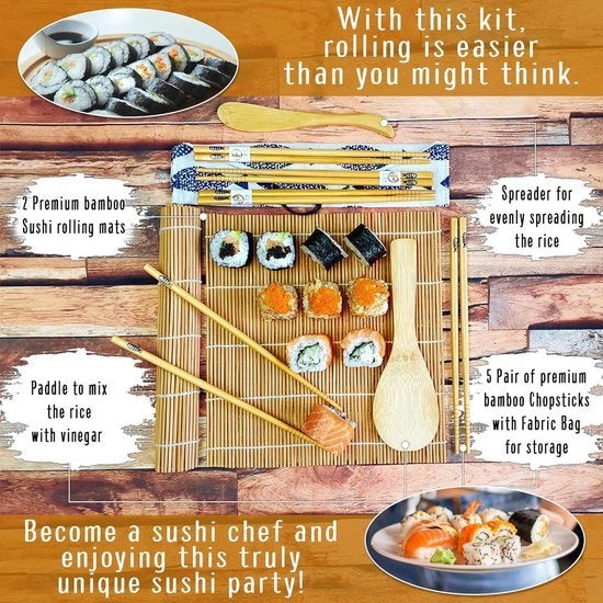 Kit per la preparazione del sushi - Set per iniziare a fare sushi in casa con rotolo di bambù - Crea il tuo sushi a casa - Set completo con 2 mattonelle, 5 paia di bastoncini da sushi con tasca, spatola, spolverino con guida passo dopo passo