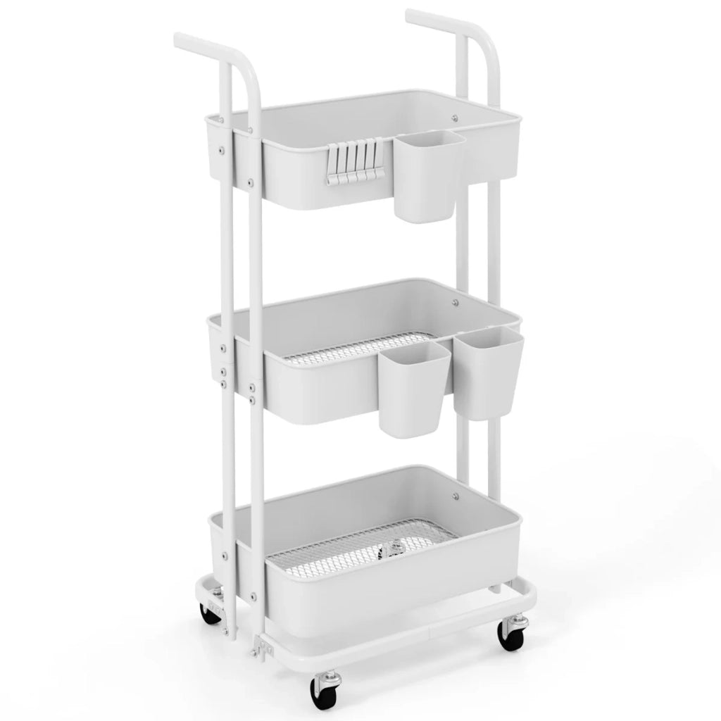 Carrello portaoggetti pieghevole 45 x 37 x 92 cm versatile con 3 ripiani e ganci in metallo bianco 20_0011391