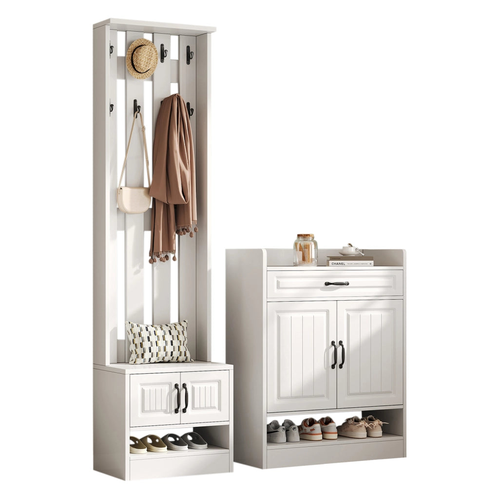 Mobile ingresso con 4 Ante; 1 Cassetto e 8 Ganci; con Panca Scarpiera; Stile Moderno; in Pannelli; Bianco; 125??36??190 cm